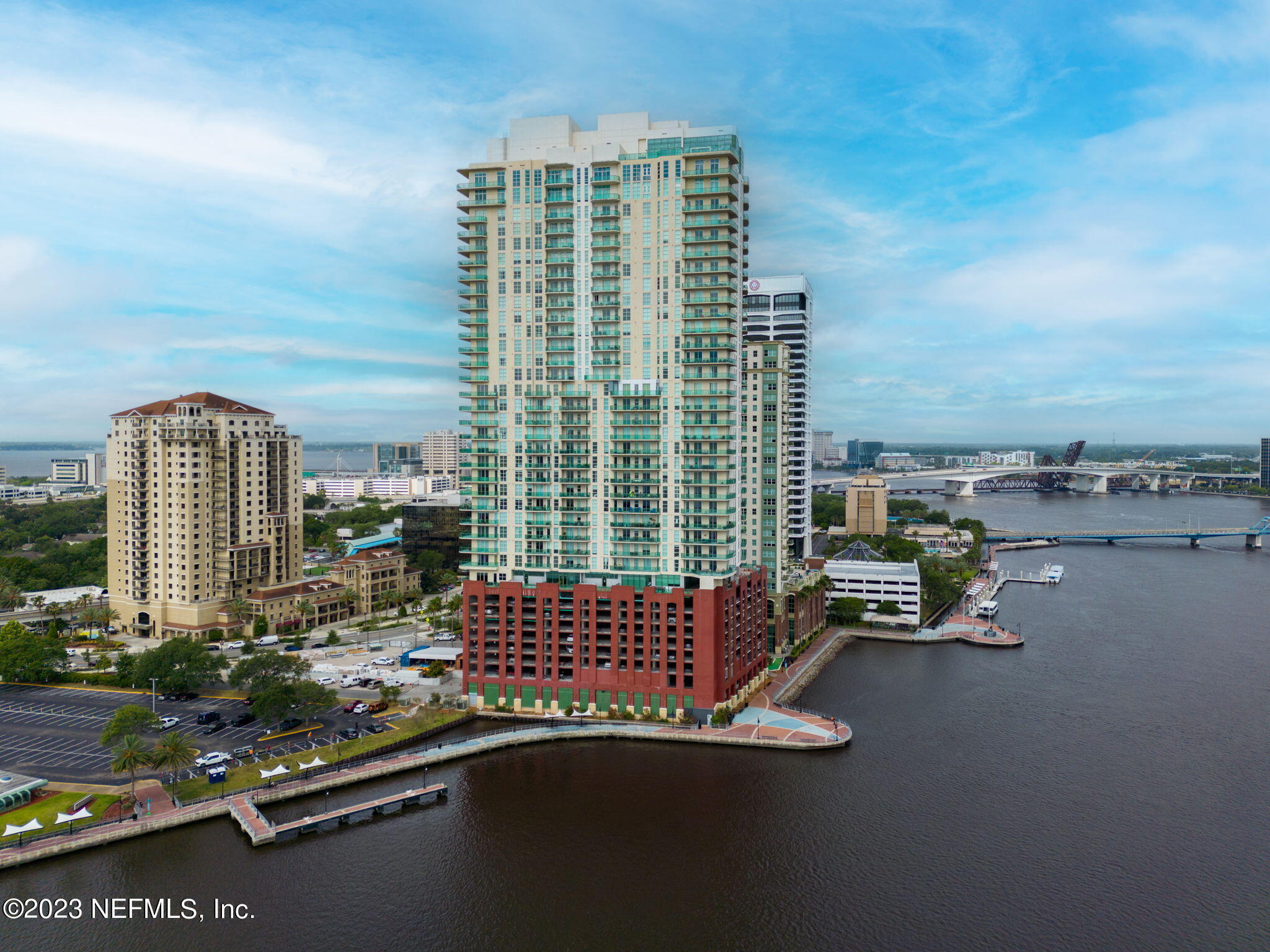 a city view with tall buildings