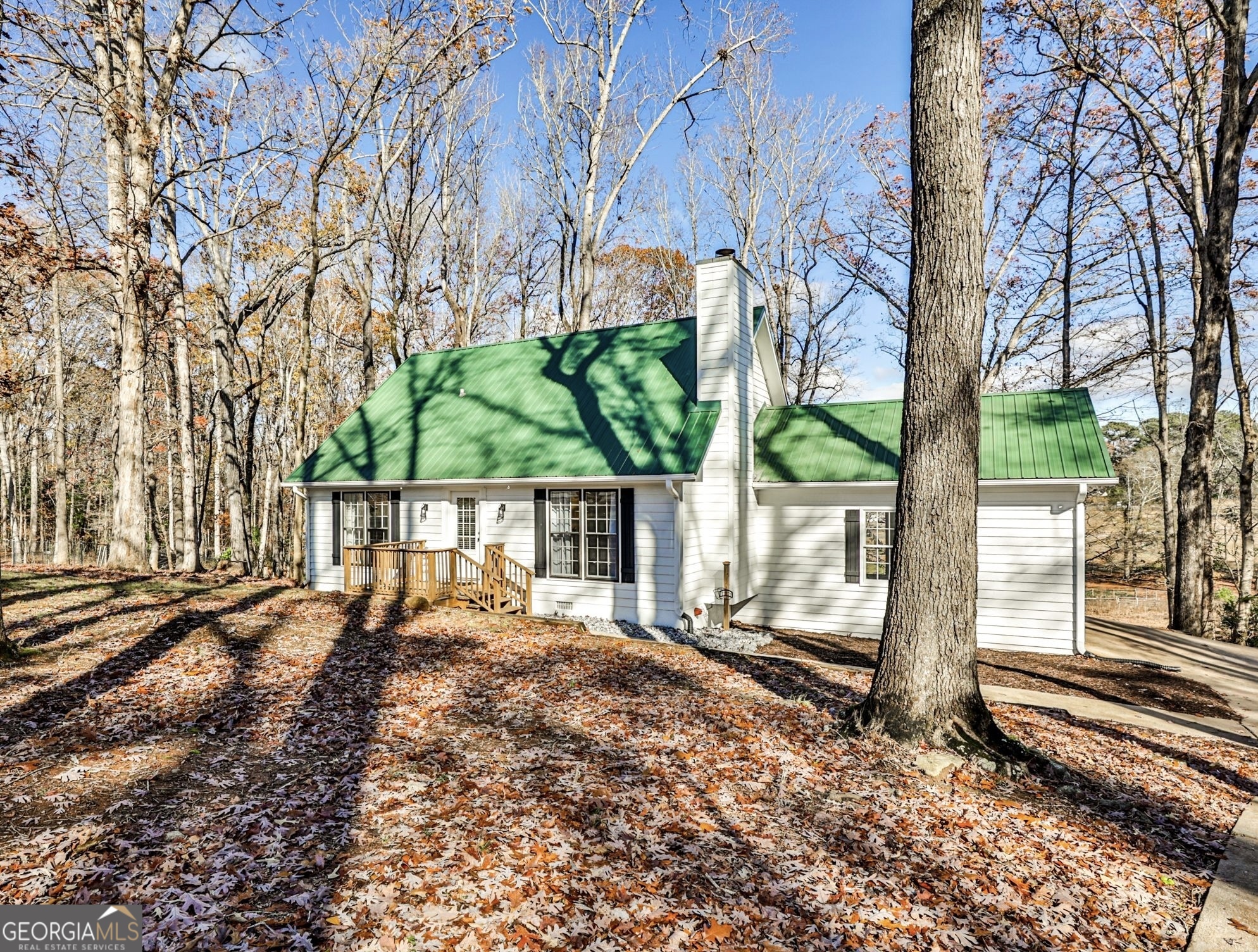 a view of a house with backyard and a tree