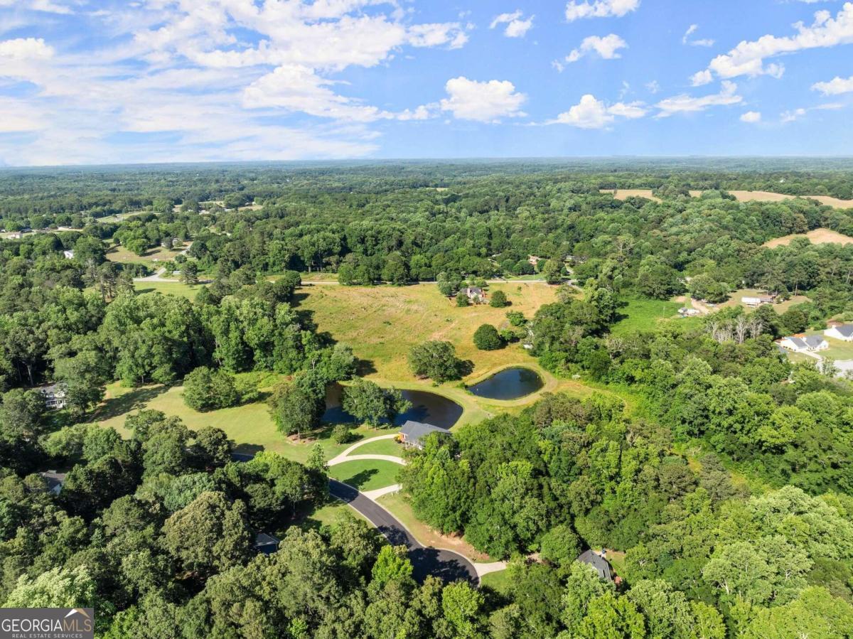 an aerial view of residential houses with outdoor space and trees