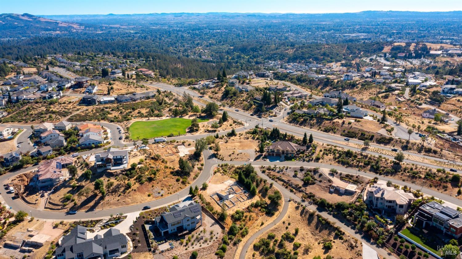 an aerial view of residential houses with city and green space