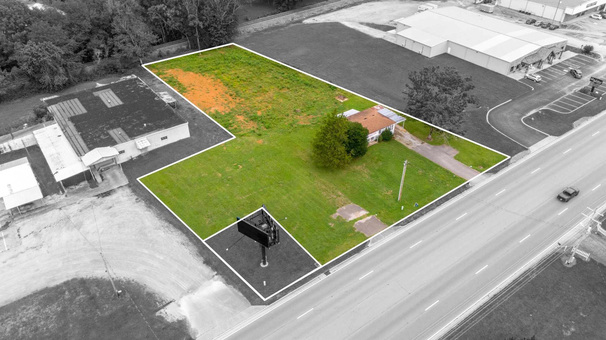 an aerial view of a pool