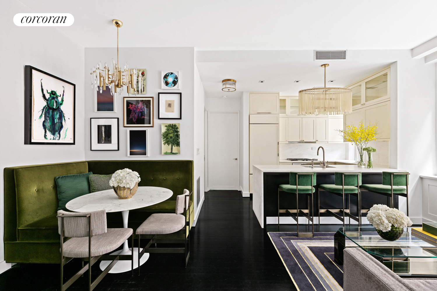 a dining room with furniture a window and kitchen view