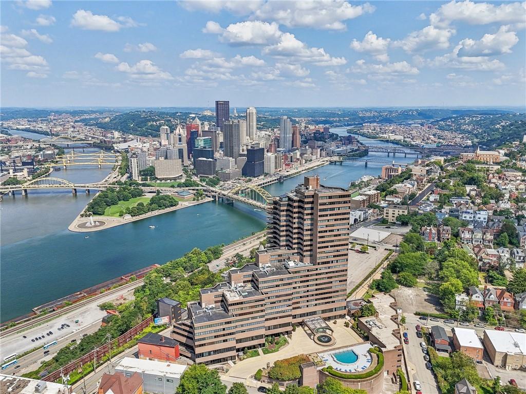 The iconic Trimont building rises high above the city of Pittsburgh.