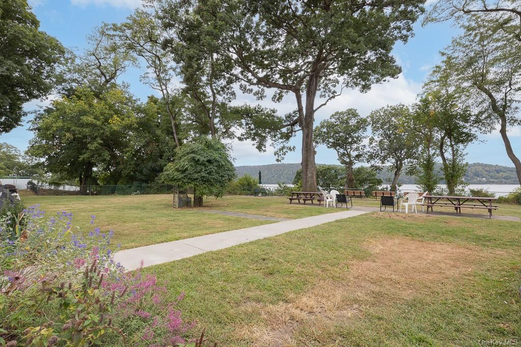 a view of yard with swimming pool and trees