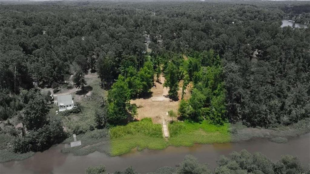 an aerial view of a forest with houses