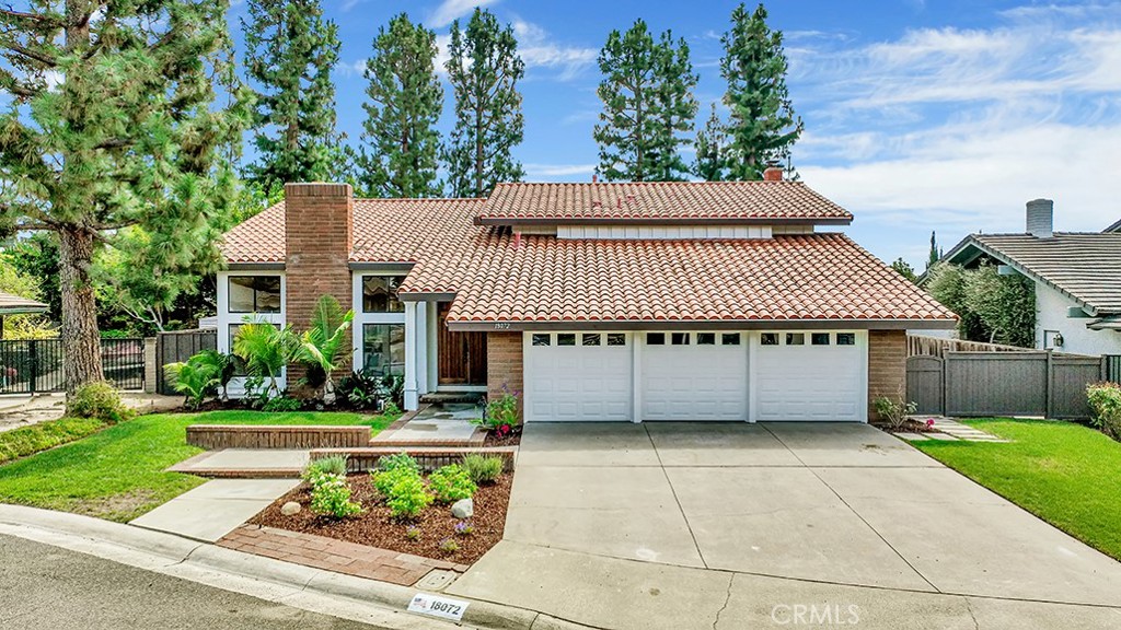 a view of a house with a yard plants and large tree