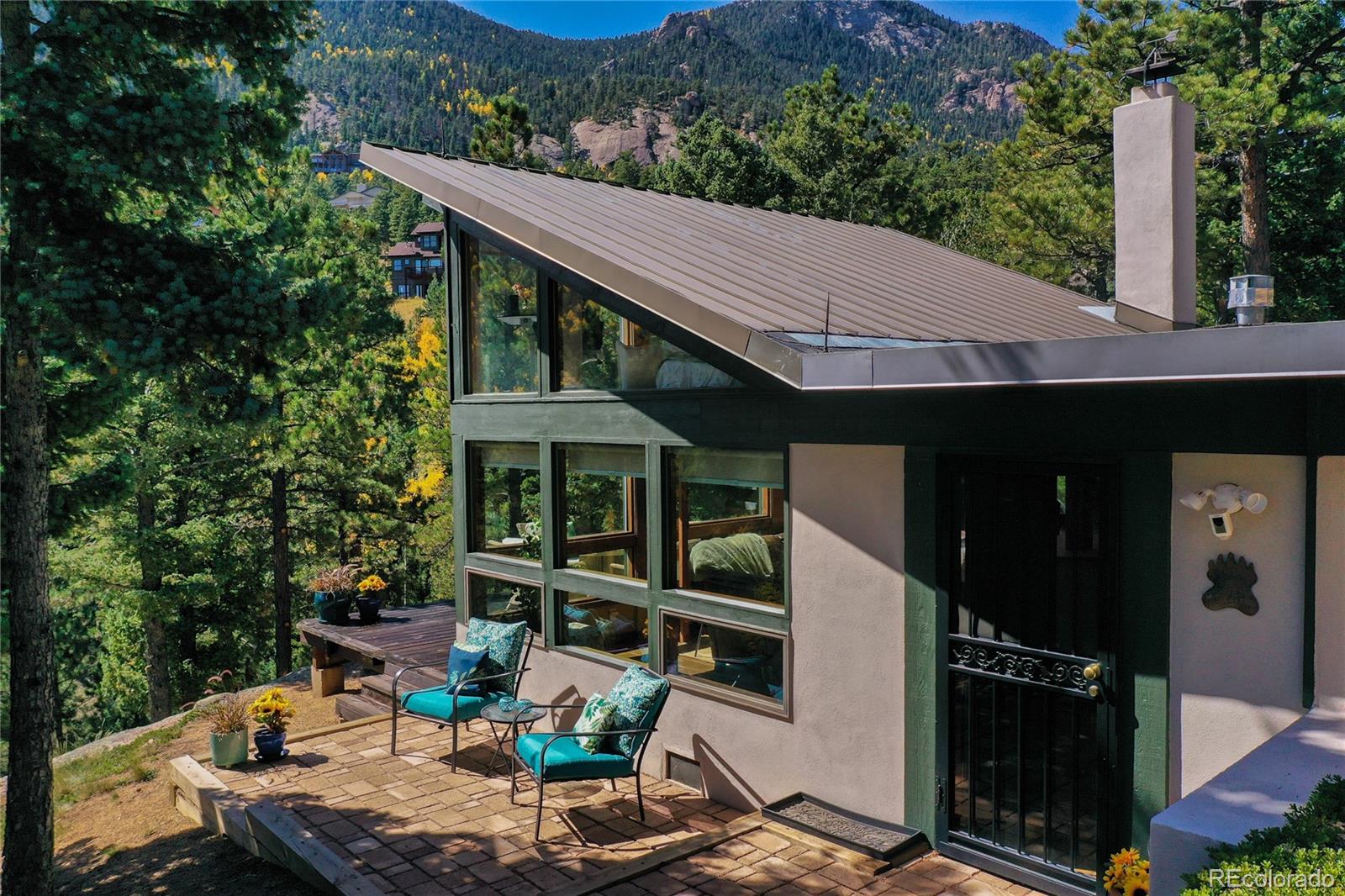 a backyard of a house with outdoor seating