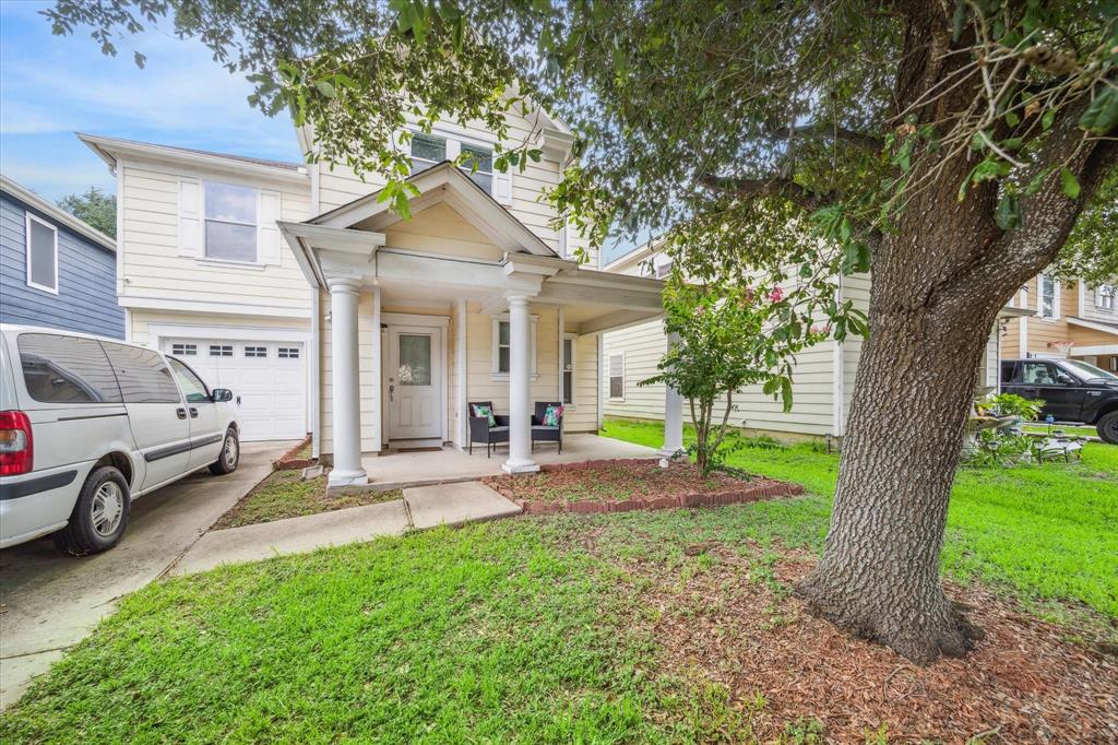 a view of a house with a large tree and a yard