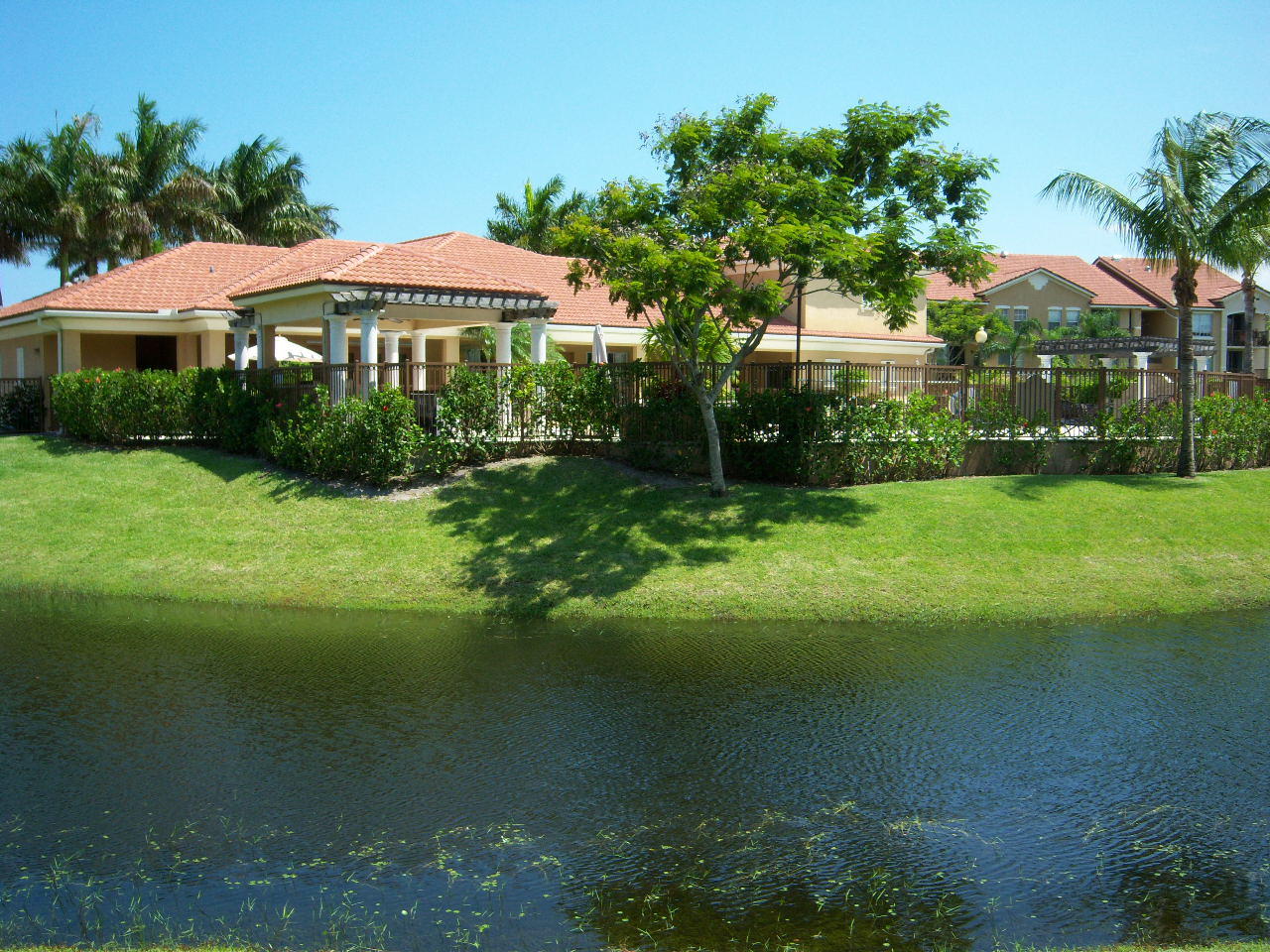 a view of a lake with a garden