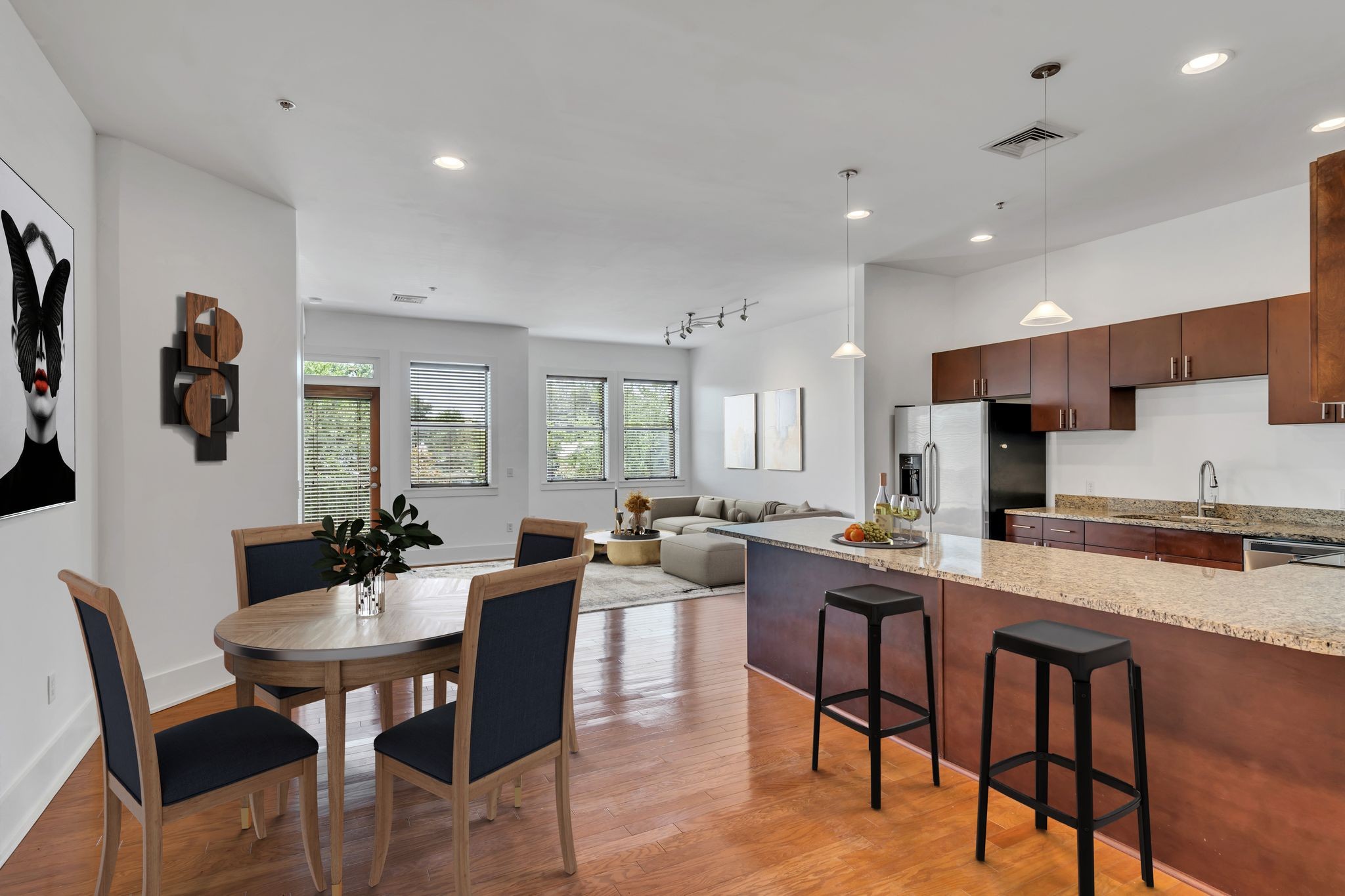 a view of a dining room with furniture