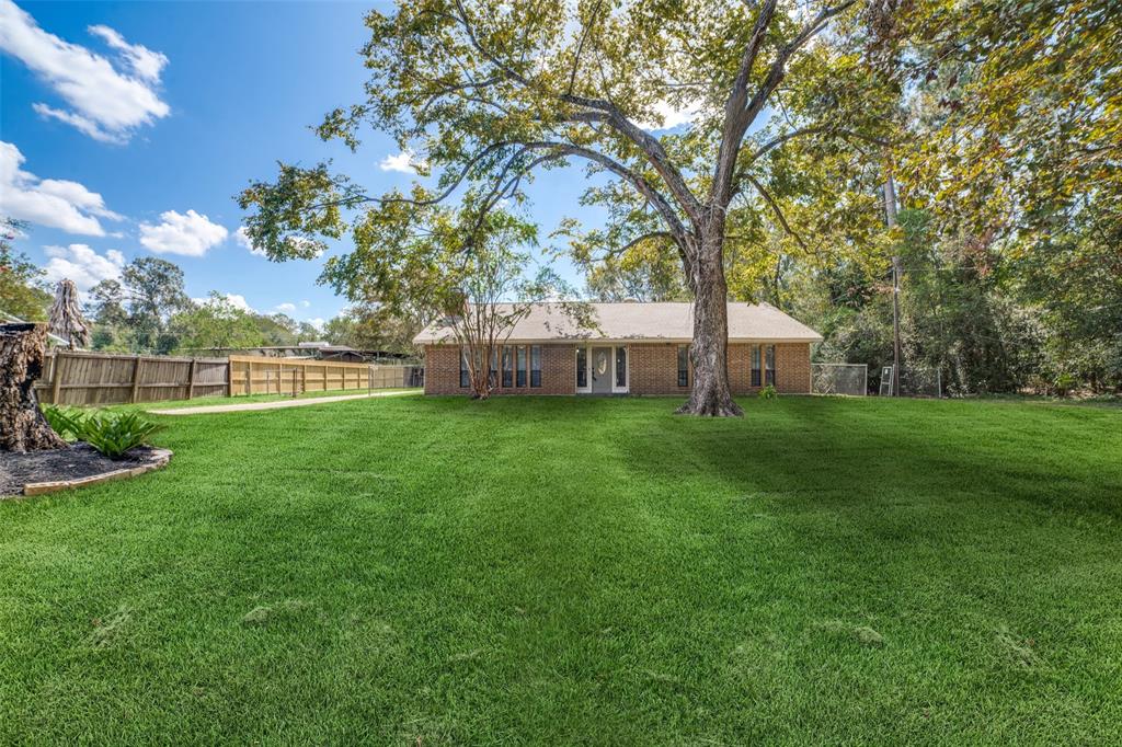 a view of a house with backyard and a tree