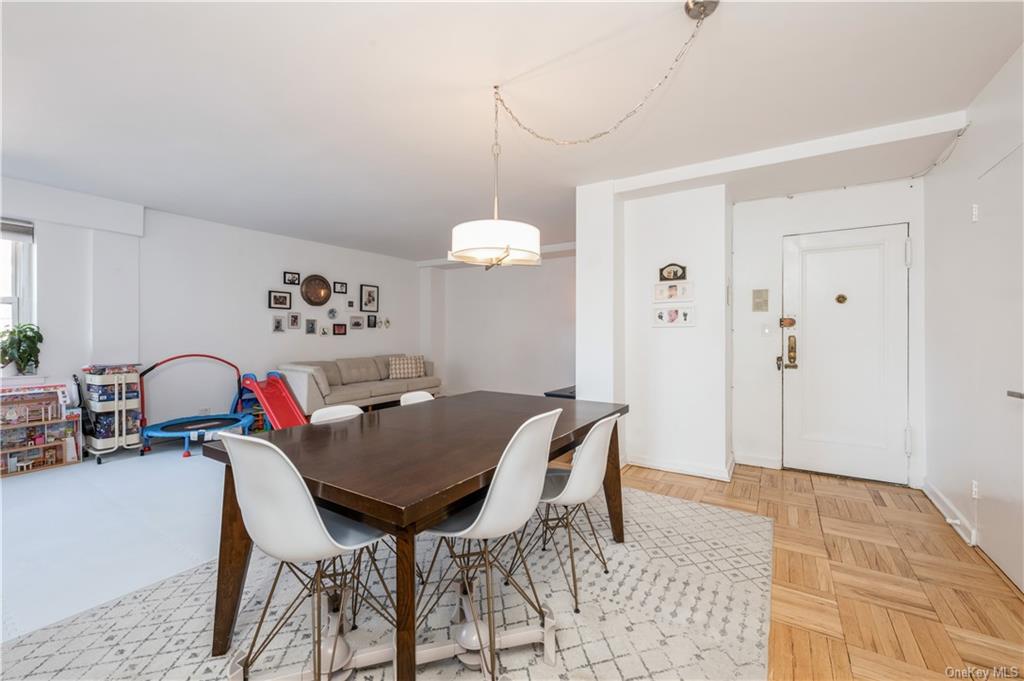 a view of a dining room with furniture