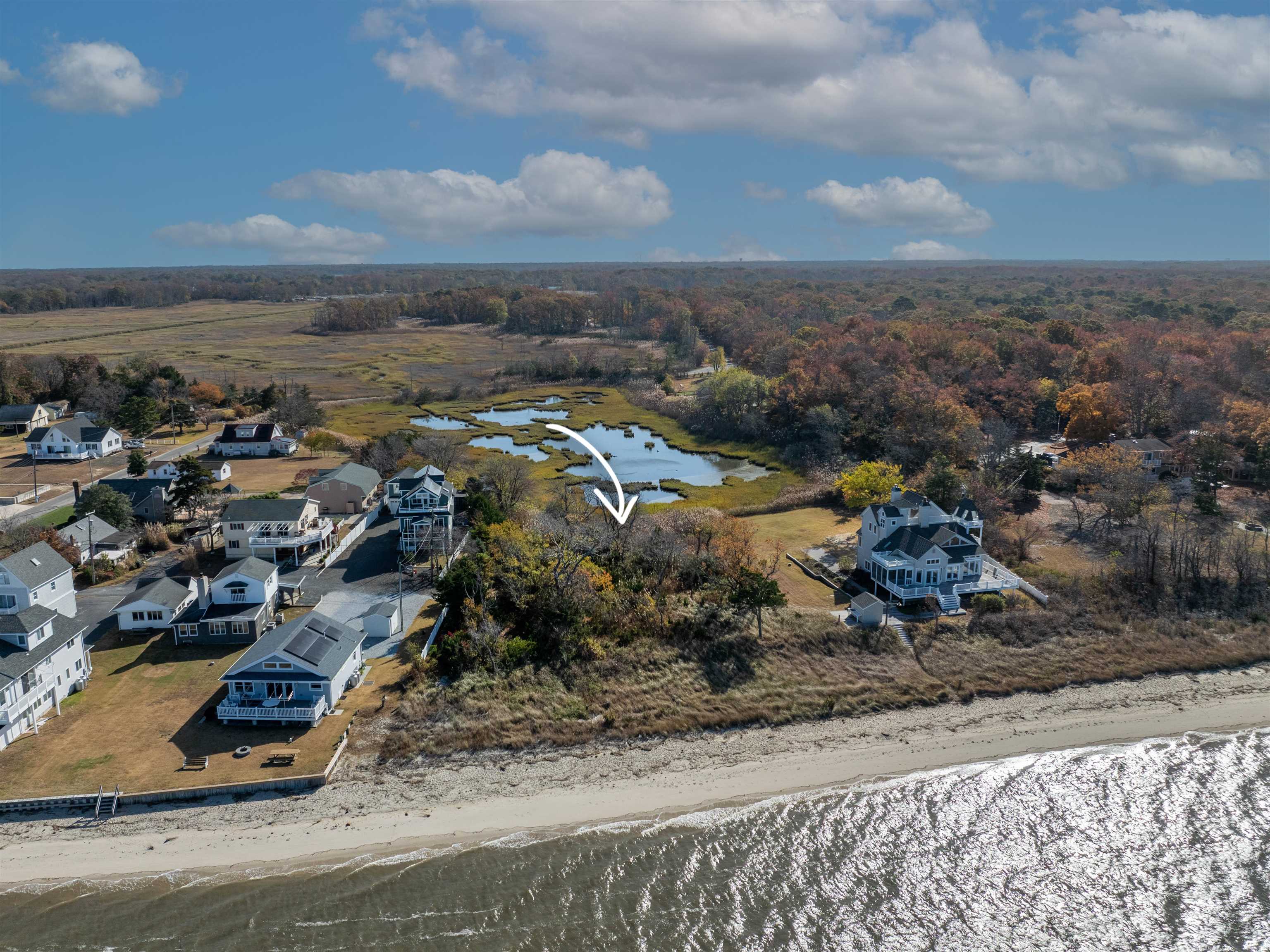 an aerial view of residential building and ocean