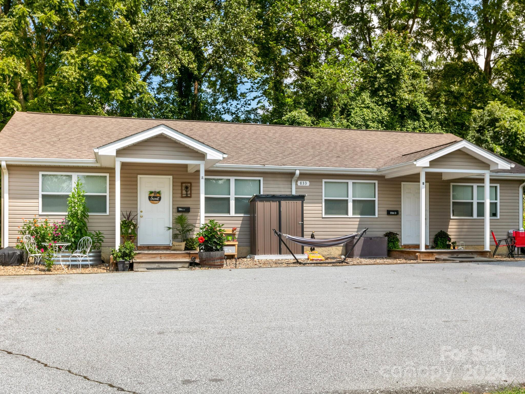 front view of a house with a patio