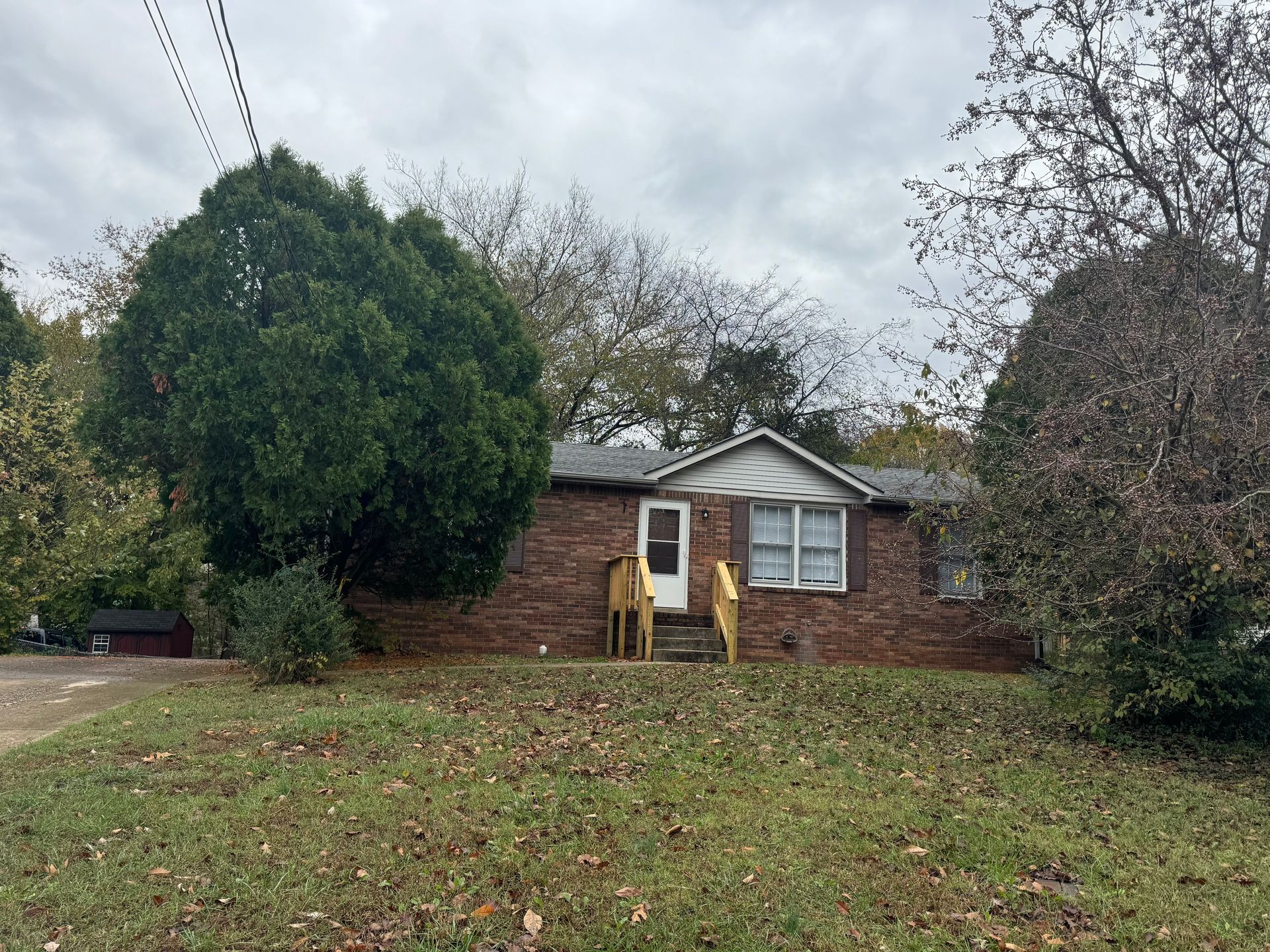 a view of a house with a yard and large trees