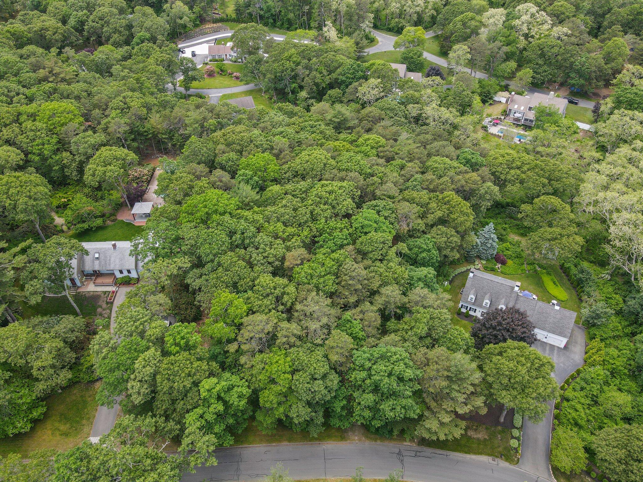 an aerial view of residential house with outdoor space and trees all around