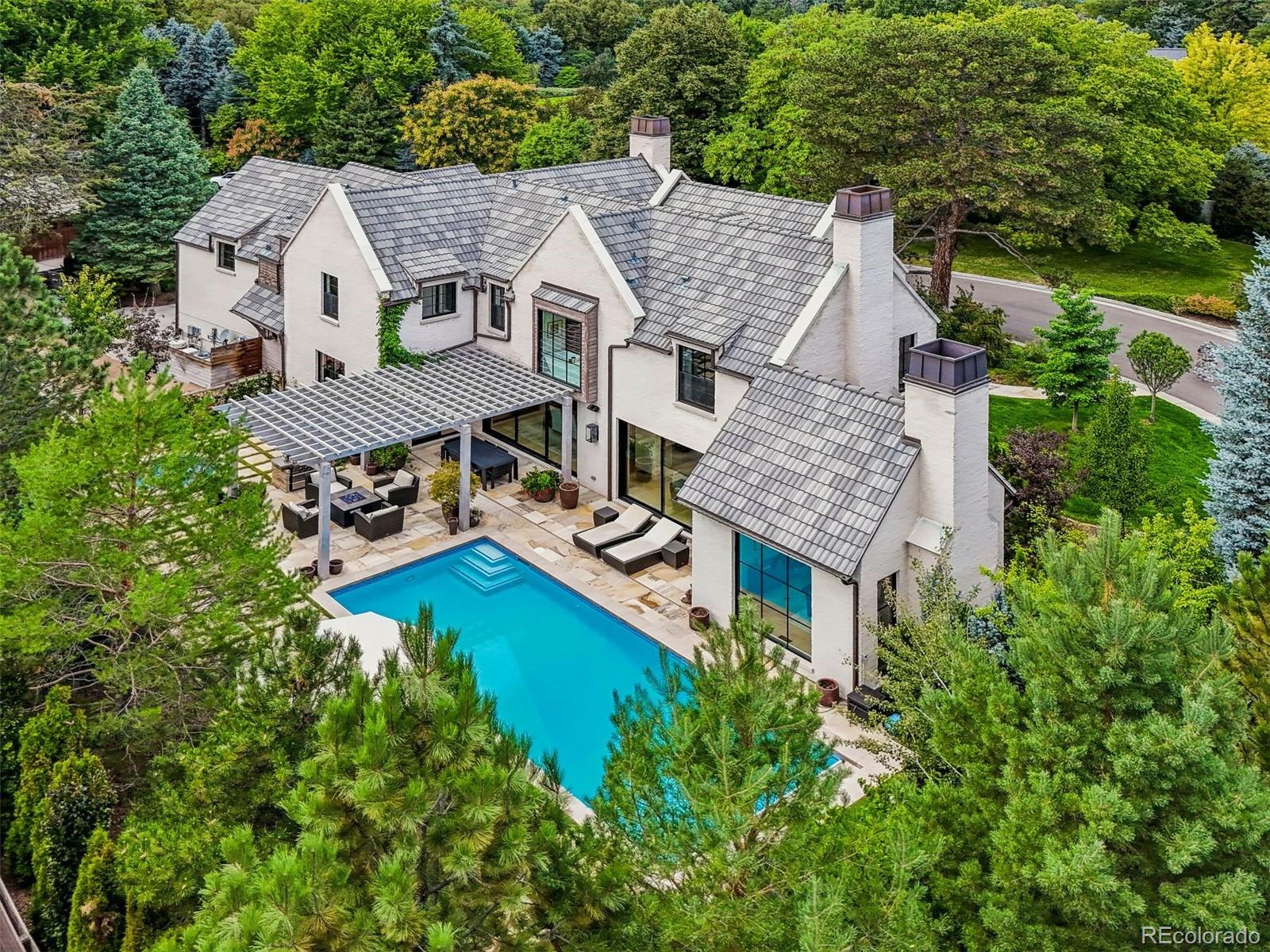 an aerial view of a house with a garden view