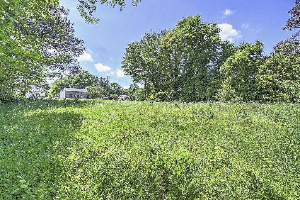 a view of a field of grass and trees