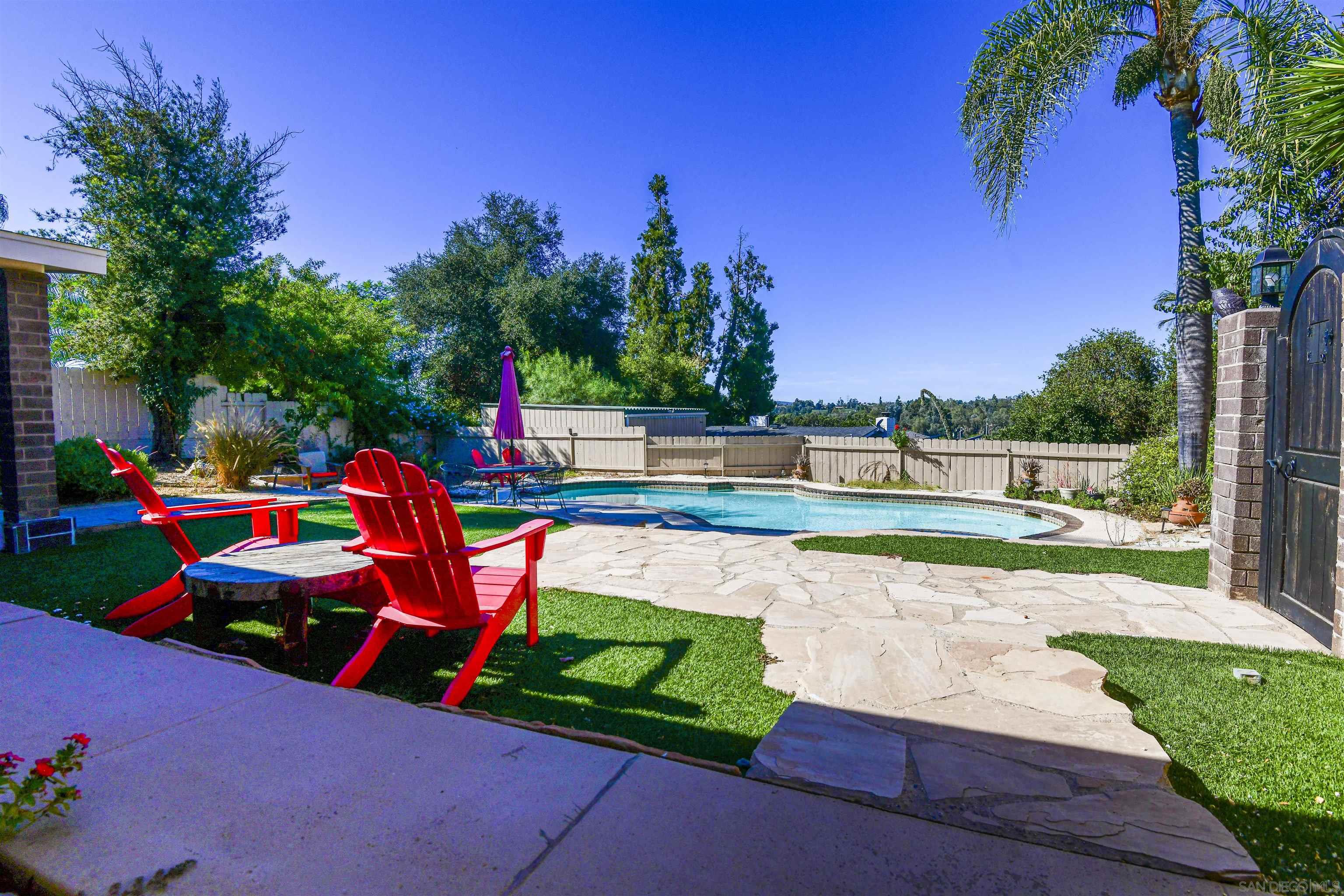 a view of yard with swimming pool and green space