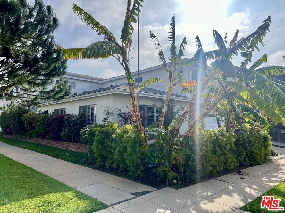 a view of a multi story residential apartment building with a yard and potted plants