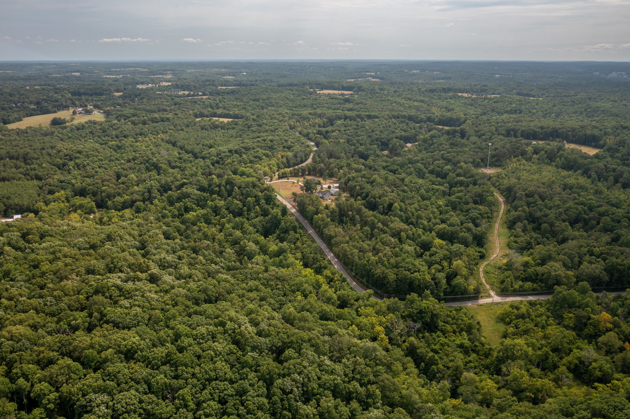 an aerial view of residential houses with outdoor space and trees