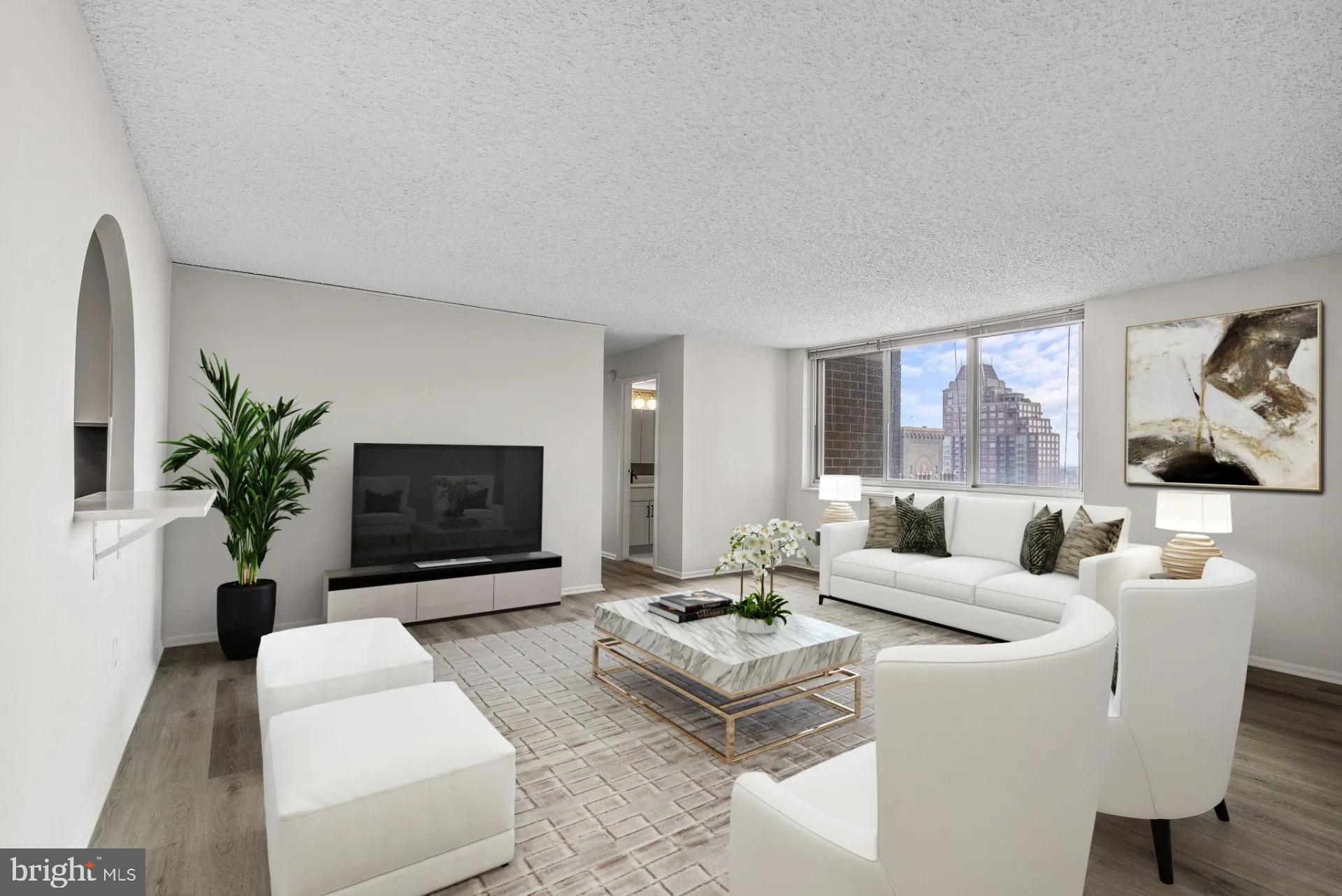 a living room with furniture a flat screen tv and a potted plant