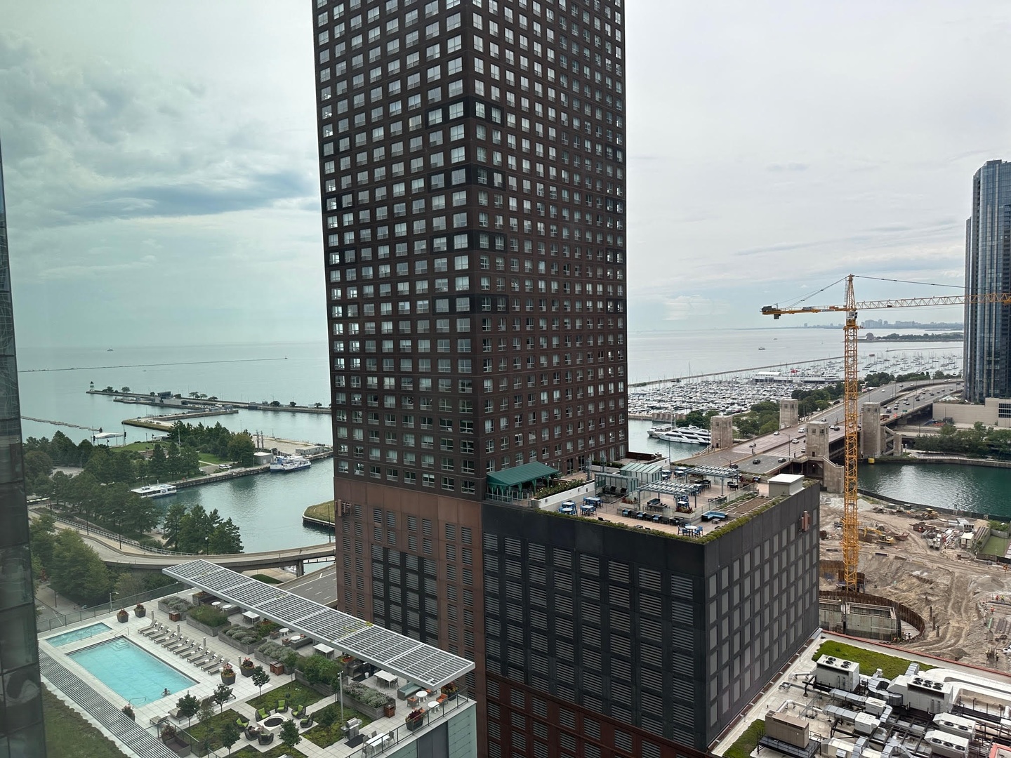 a city view with tall buildings