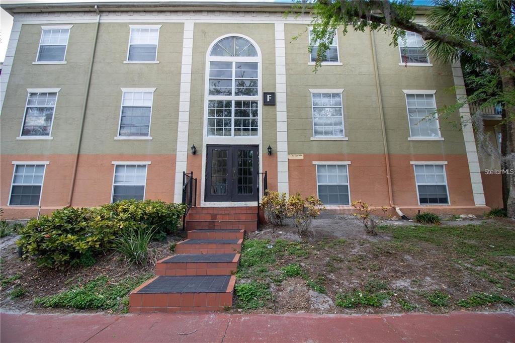 a front view of a brick building