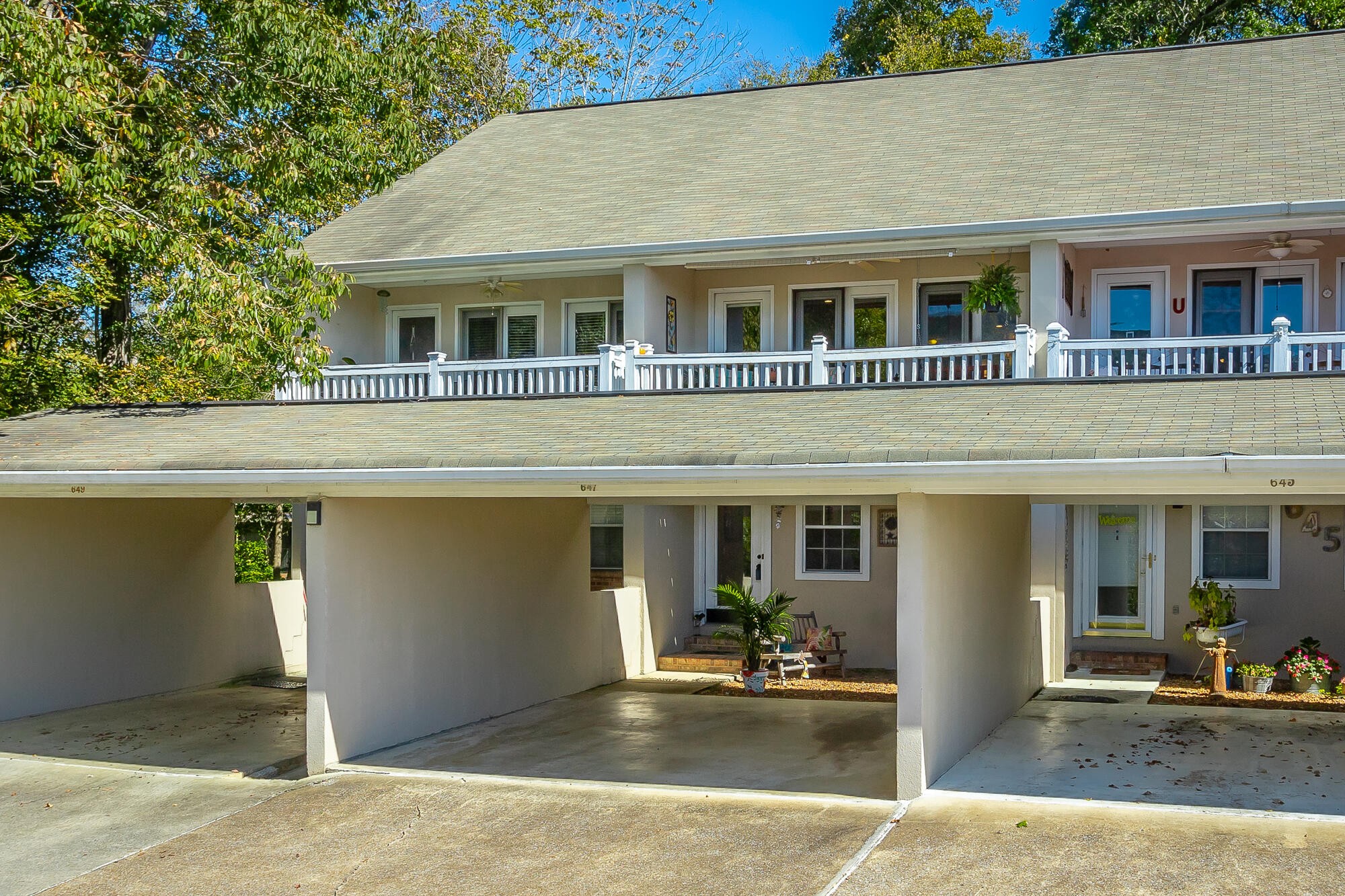 front view of a house with a patio