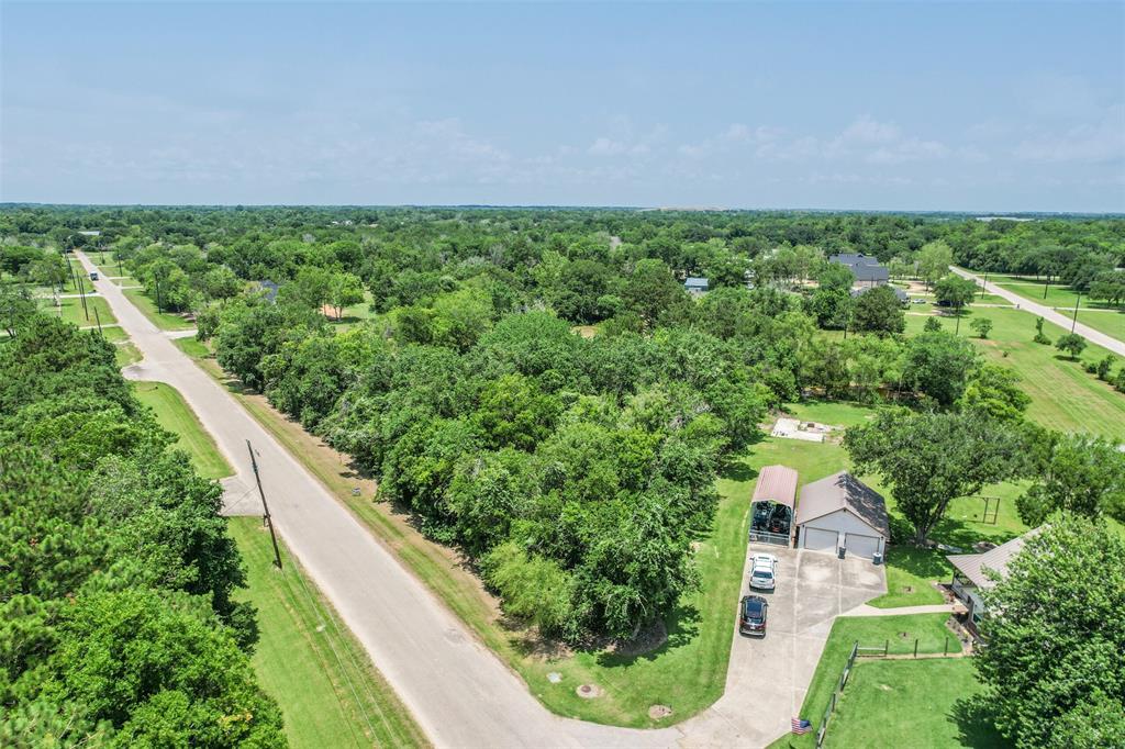 an aerial view of residential houses with outdoor space and trees