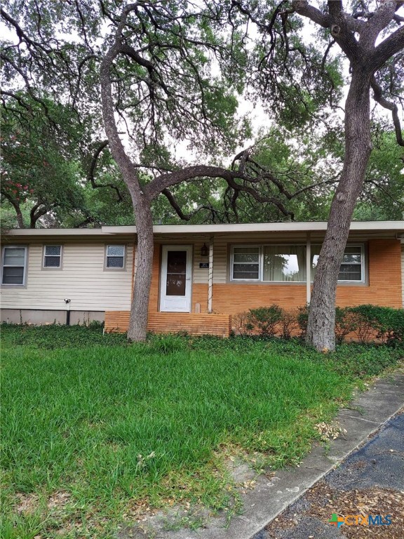 a front view of house with yard and green space