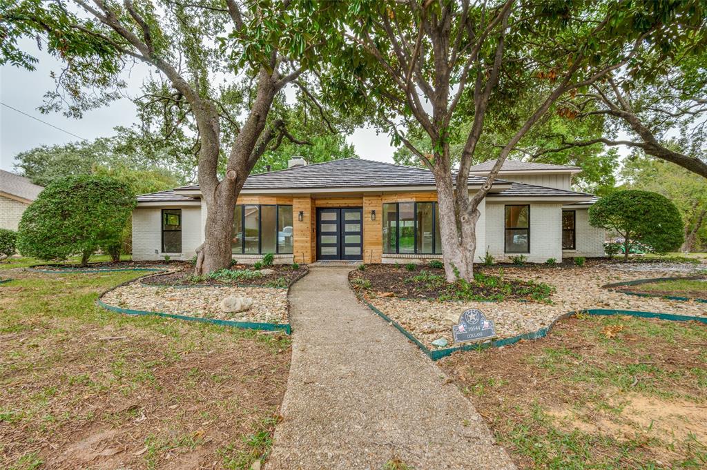 front view of a house with a patio