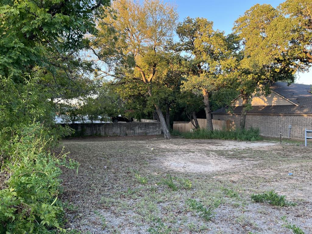 a view of a backyard with large trees