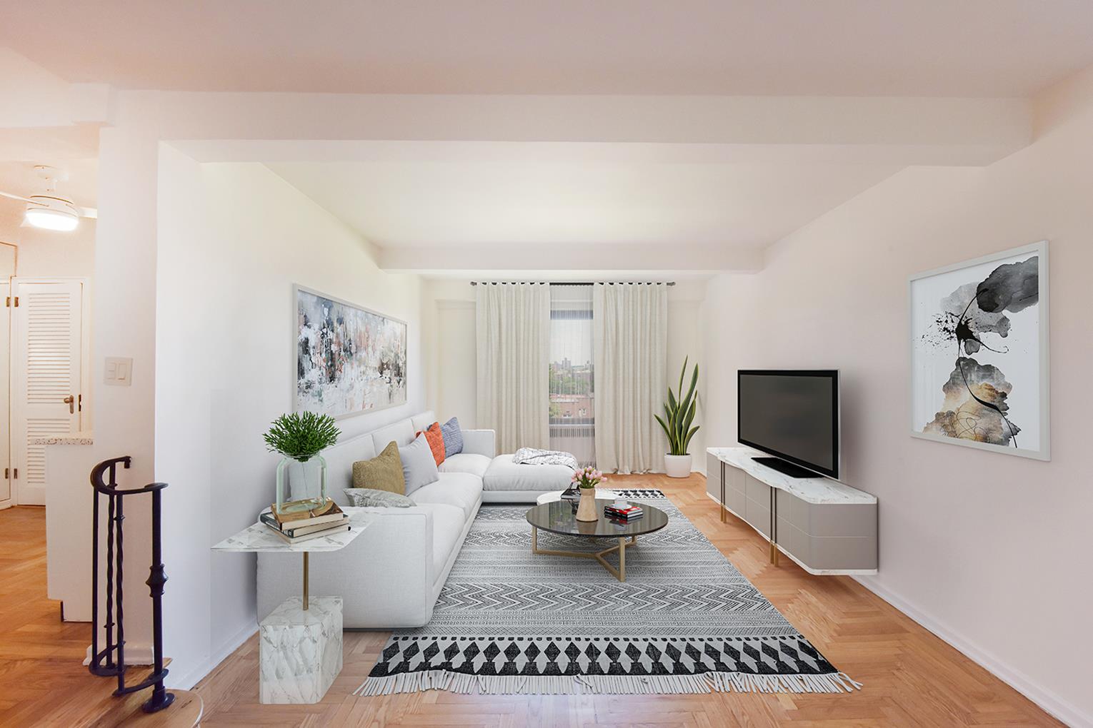 a living room with furniture a flat screen tv and a large window