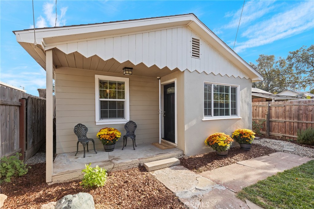 a front view of a house with patio