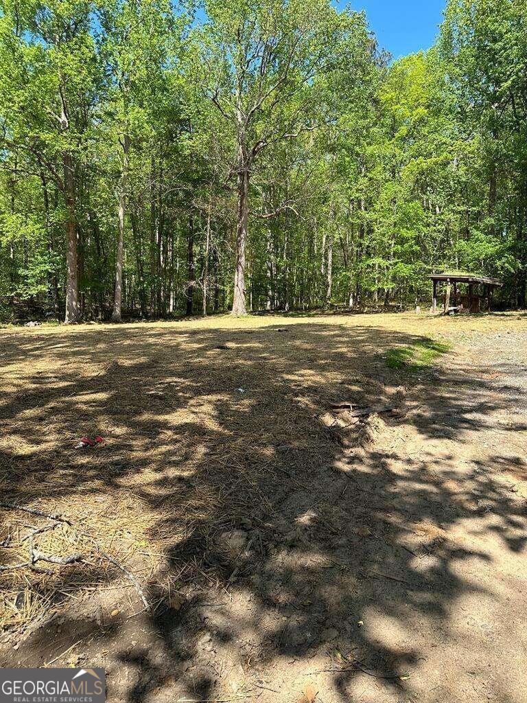 a view of a field with trees in the background