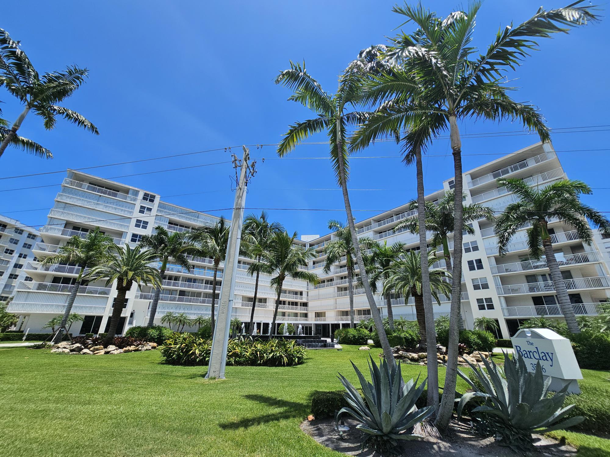 a view of a palm trees in front of a building