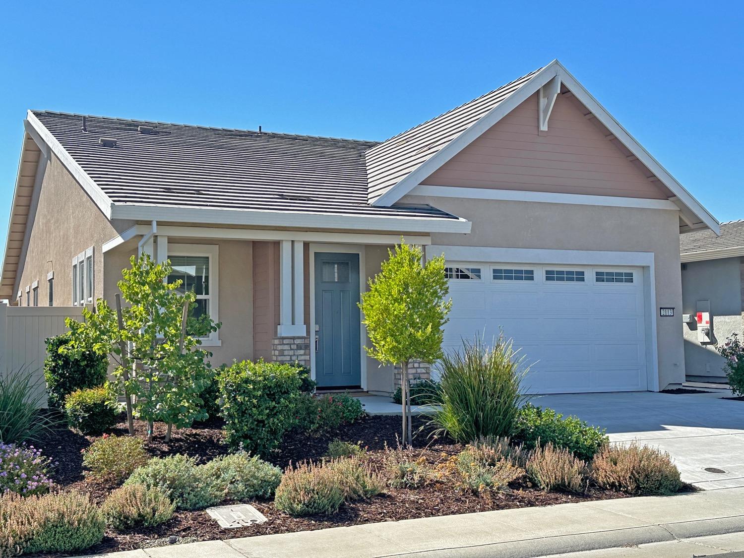 a front view of a house with plants