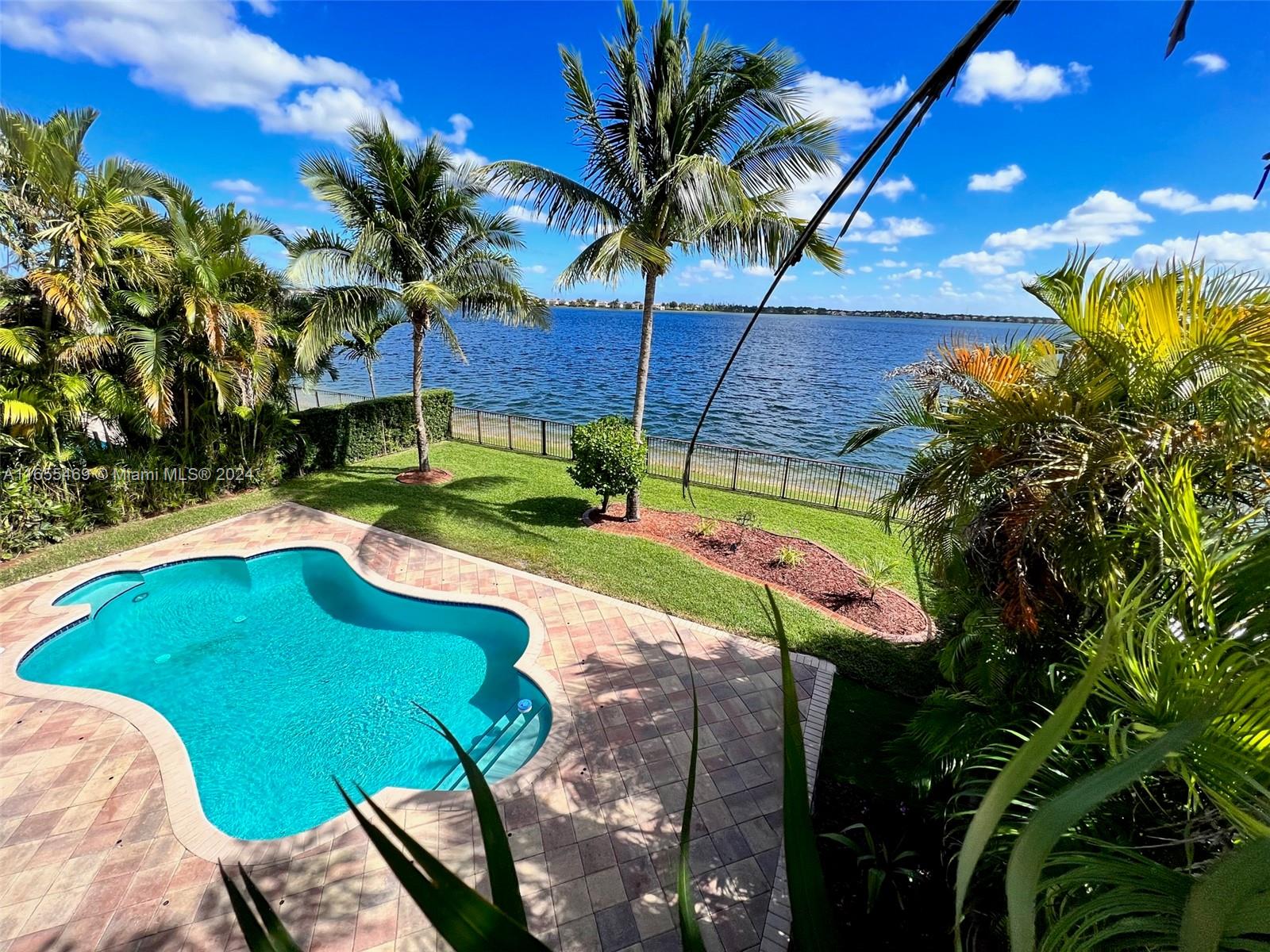 a view of a swimming pool with a garden