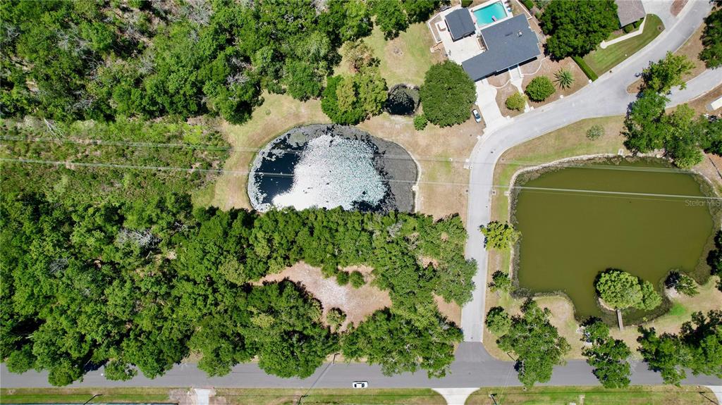 an aerial view of a house with a yard and trees all around