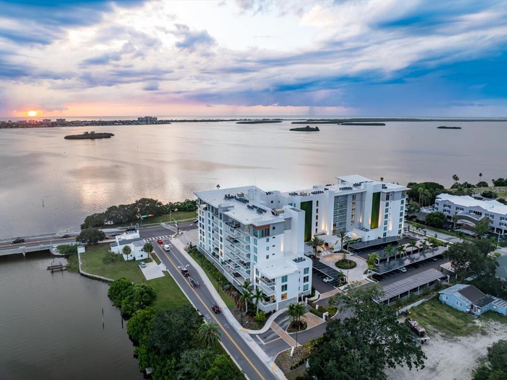 a view of a lake with a city