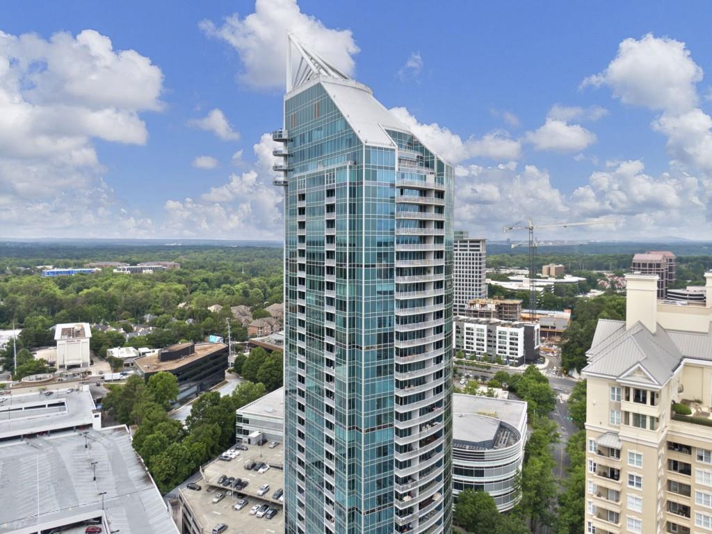 a city view with tall buildings