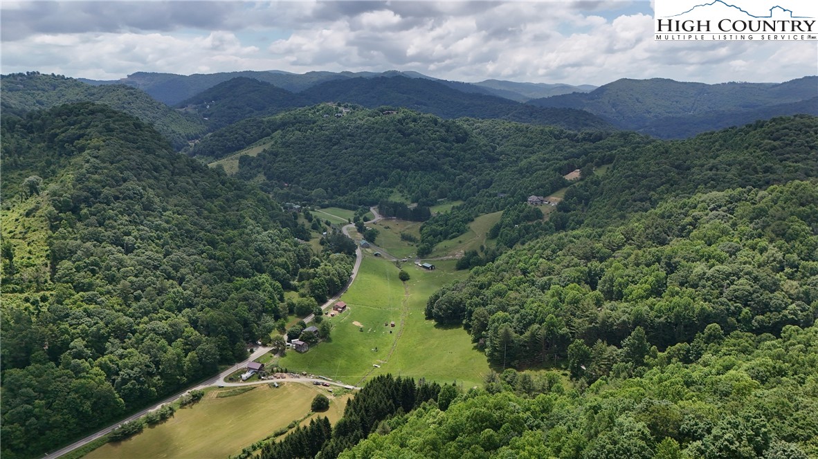 an aerial view of houses covered in trees