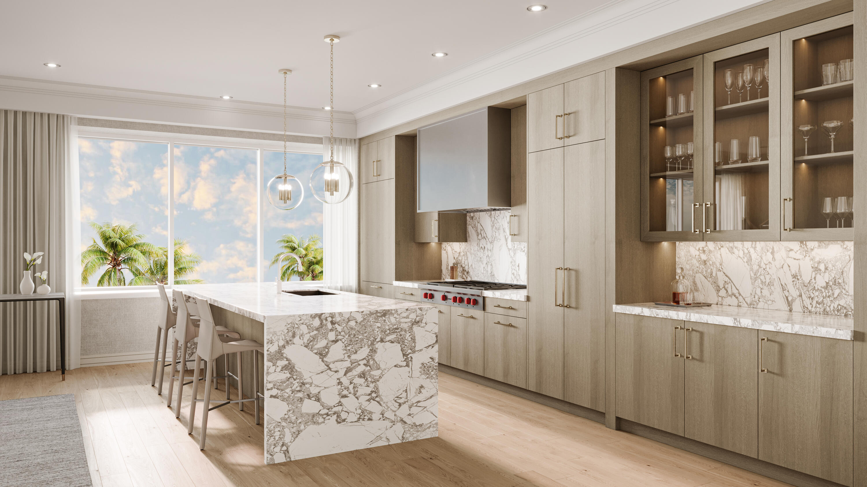 a large white kitchen with granite countertop a stove and a large window