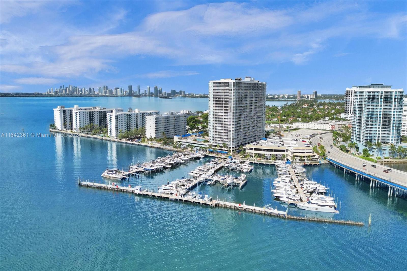 a view of a lake with tall buildings