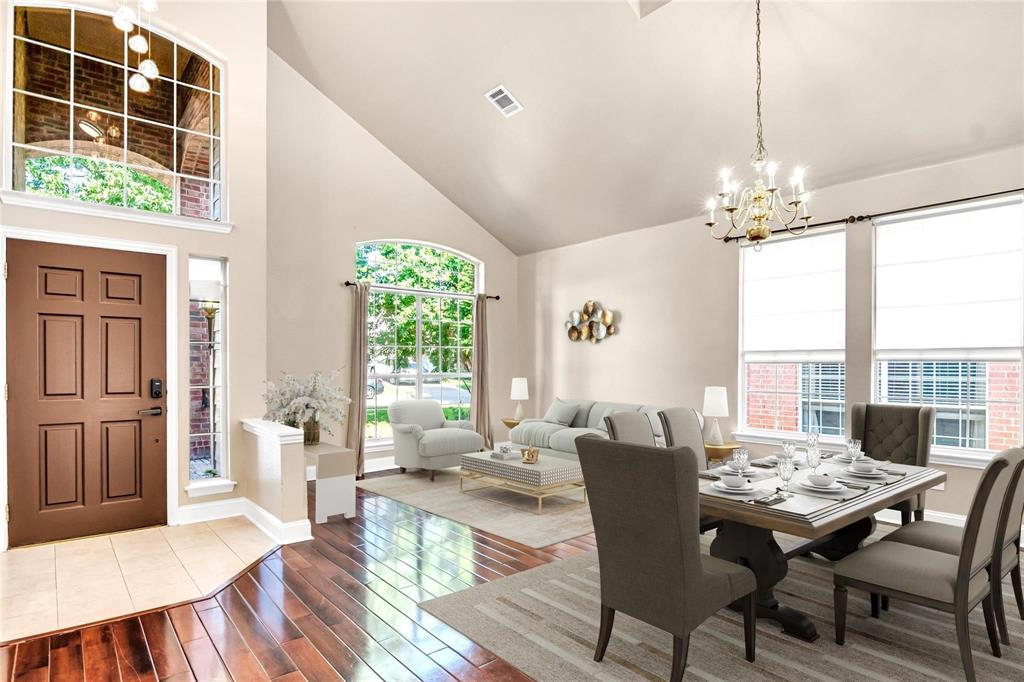 a view of a dining room with furniture window and outside view