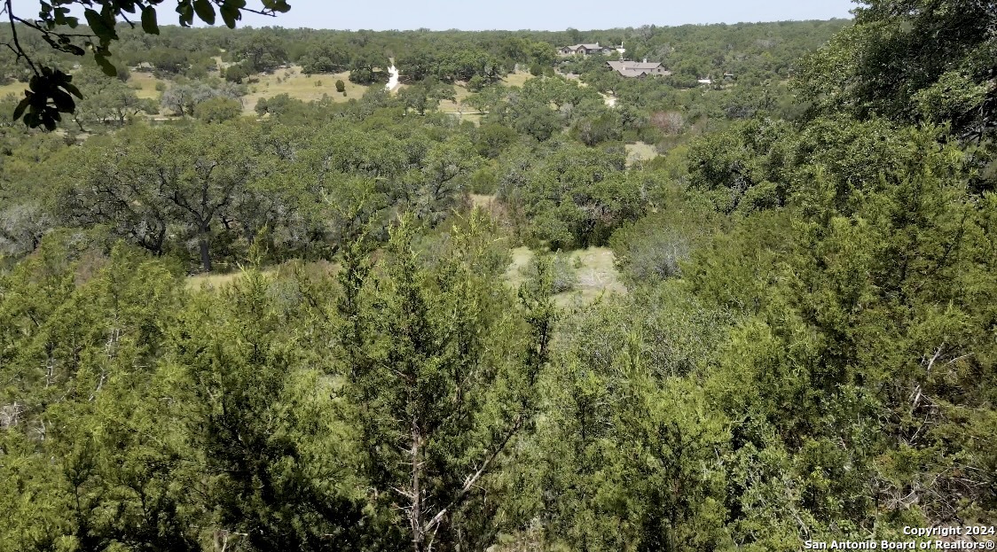 an aerial view of residential houses with outdoor space and trees