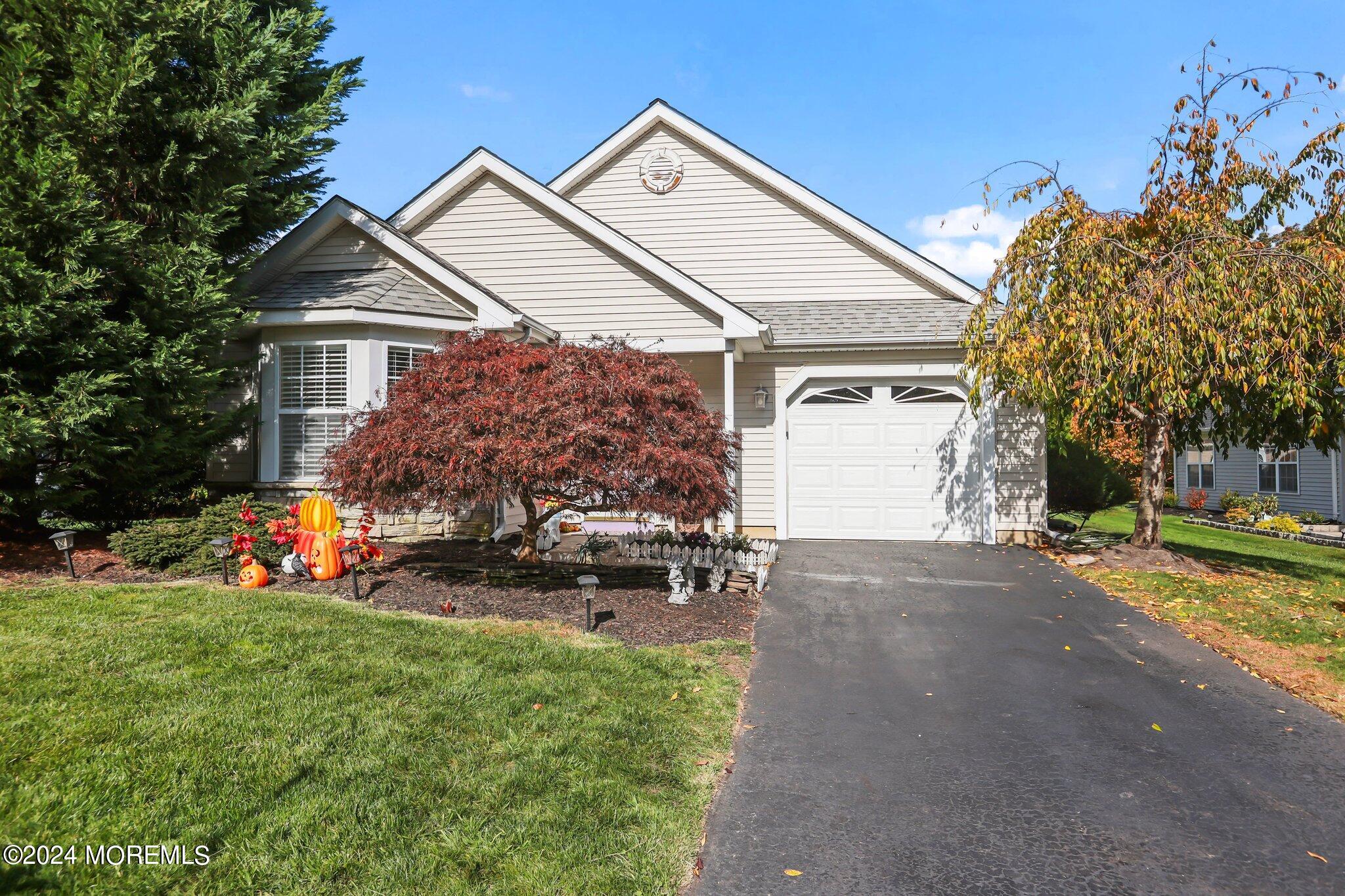 a view of a house with a yard and garage