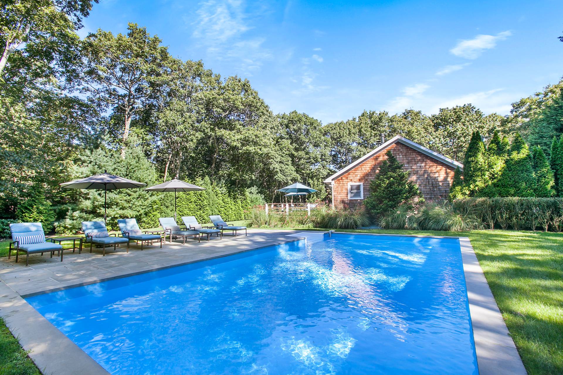 a view of swimming pool with outdoor seating and plants