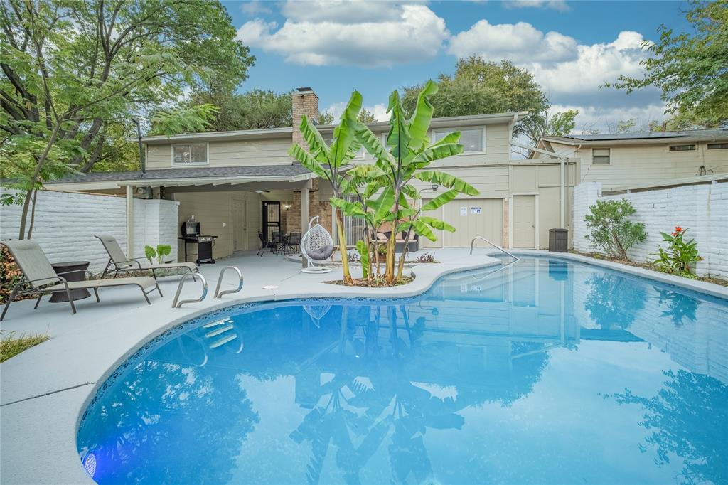 a view of a swimming pool with potted plants